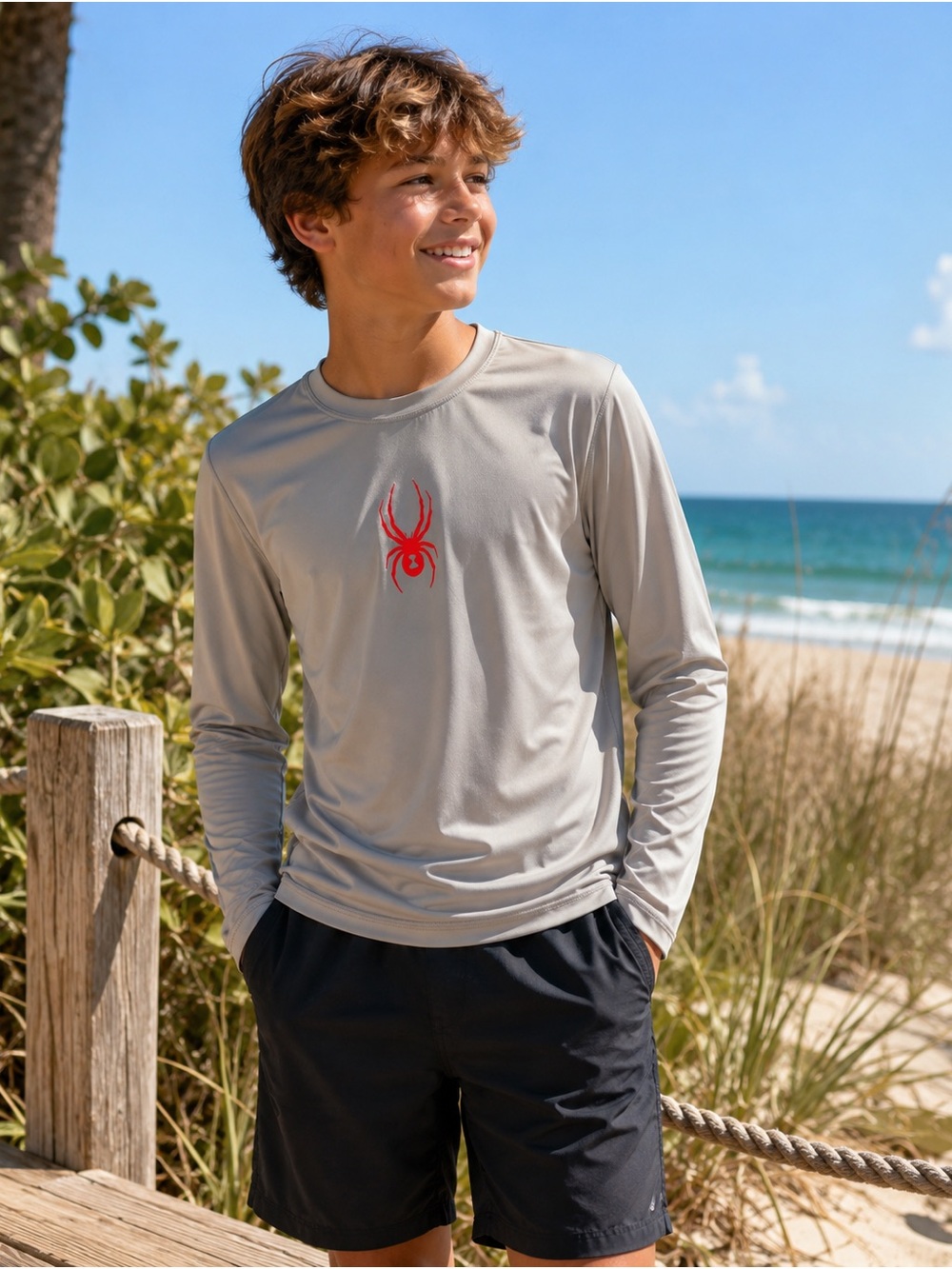 Spyder Youth Large 14/16 Gray Long Sleeve Rash Guard Swim Shirt UPF